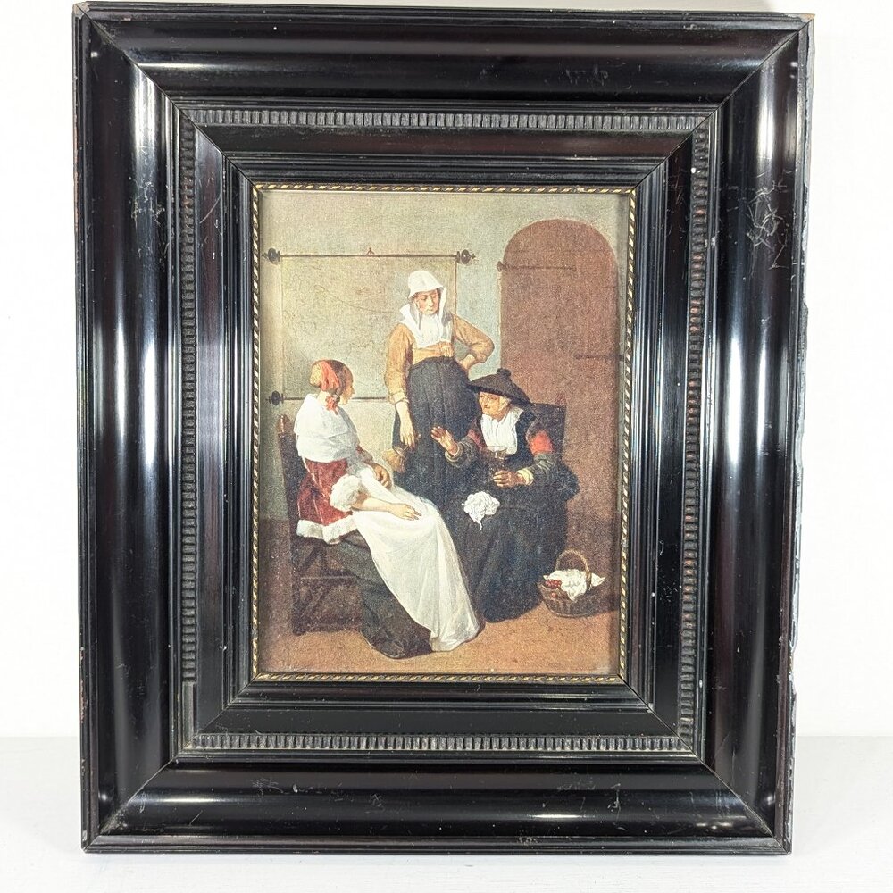 AS-IS vintage Framed print "A confidential chat" 1661 Dutch painting